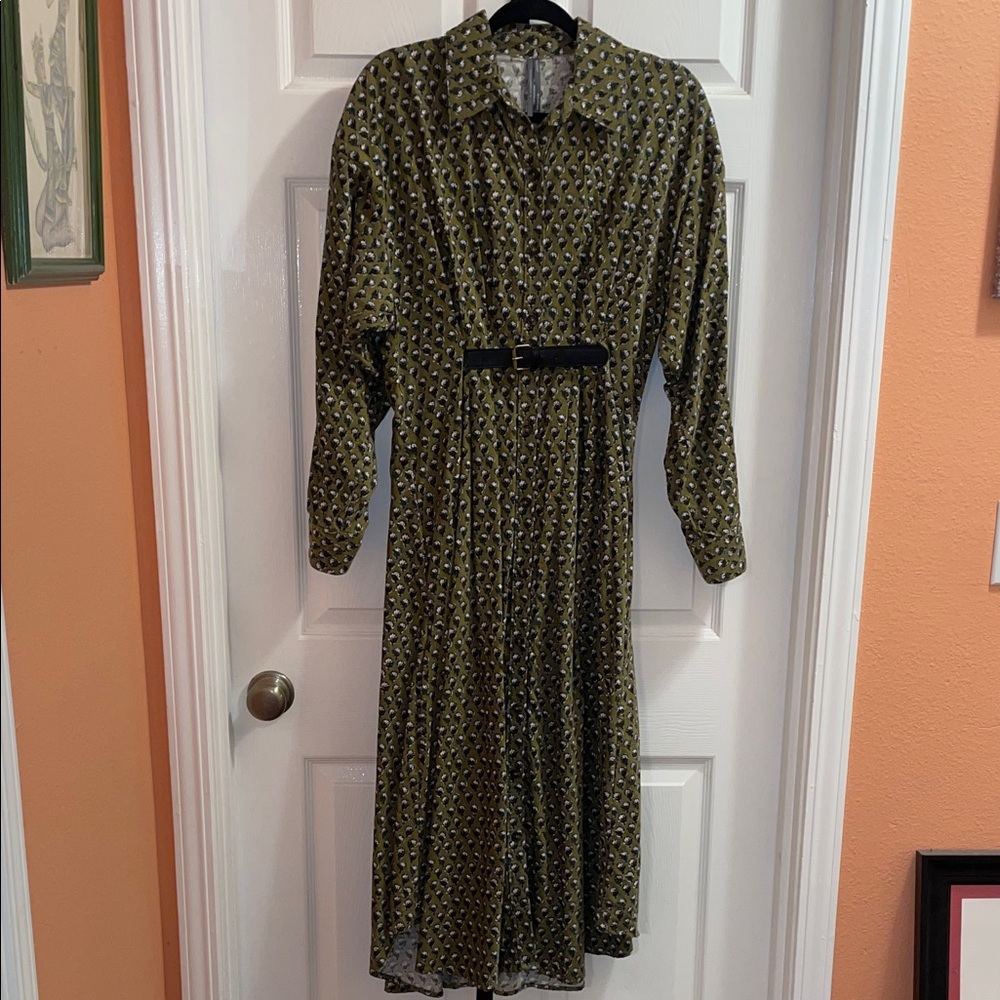Anthropologie Olive Green Patterned Long Sleeve Midi Dress